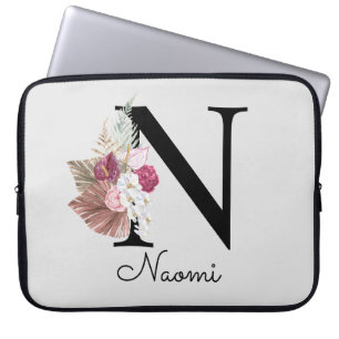 Housse Pour Ordinateur Portable Broderie Rose Bohème Féminin Floral Initiale N