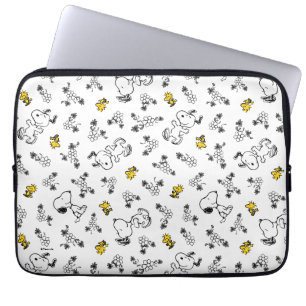 Housse Pour Ordinateur Portable cacahuètes   Snoopy & Woodstock B&W Flower Motif