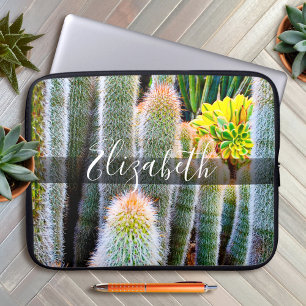 Housse Pour Ordinateur Portable Cactus vert flou photo monogramme nom script bold