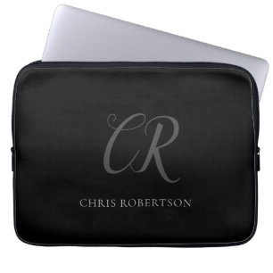 Housse Pour Ordinateur Portable Calligraphie Monogramme Nom Black Grey Cadeau pers