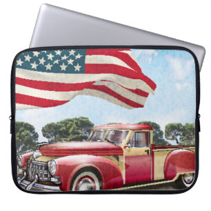 Housse Pour Ordinateur Portable Camion de ramassage rouge : Drapeau américain Vint