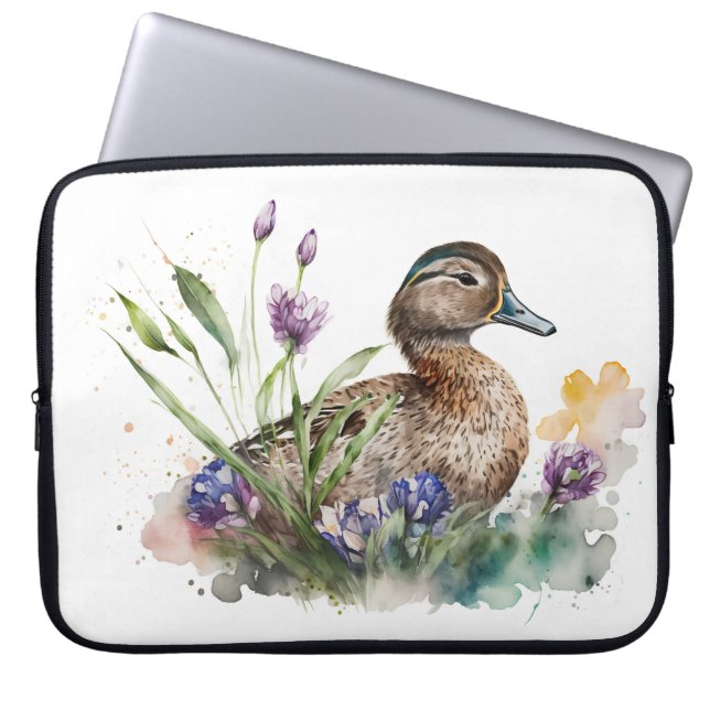 Housse Pour Ordinateur Portable Canard D'Aquarelle En Fleurs (Devant)