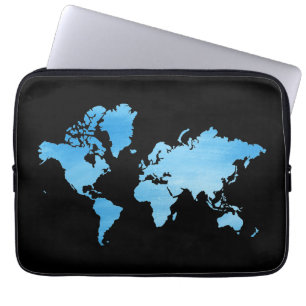 Housse Pour Ordinateur Portable Carte du monde bleue minimale Art à l'aquarelle