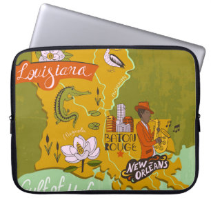 Housse Pour Ordinateur Portable Carte illustrée de Louisiane, USA. Voyage et attr