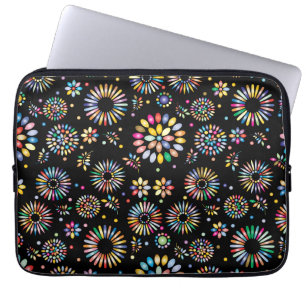 Housse Pour Ordinateur Portable Cercles de fleurs colorés vifs sur fond noir