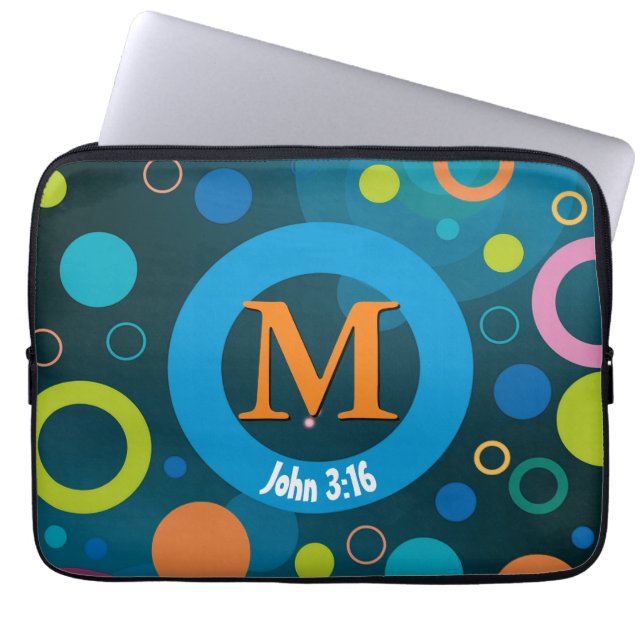 Housse Pour Ordinateur Portable Cercles Écriture Monogramme Personnalisé BLEU (Devant)