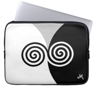 Housse Pour Ordinateur Portable Cercles Spirales Abstraits sur Fond Gris Noir et B