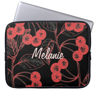 Housse Pour Ordinateur Portable Cerises et Feuilles Rouges sur Fond Noir Personnal