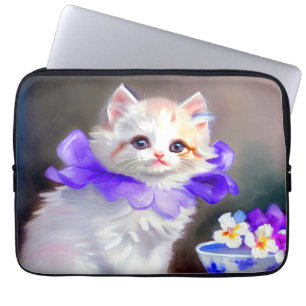 Housse Pour Ordinateur Portable Chat blanc avec collier de fleurs violettes