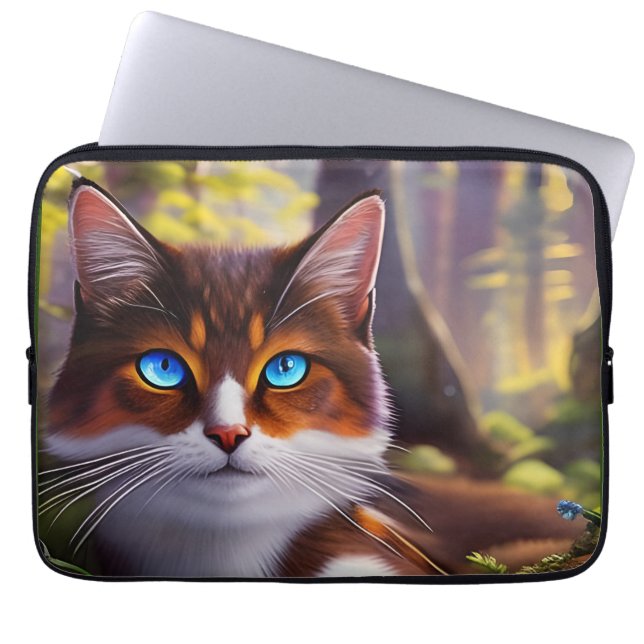Housse Pour Ordinateur Portable Chat bleu à l'oeil dans les bois (Devant)