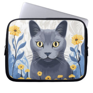 Housse Pour Ordinateur Portable Chat Bleu Russe Fleurs Jaunes