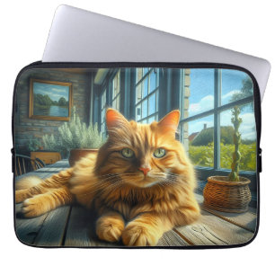 Housse Pour Ordinateur Portable Chat de gingembre allongé sur une table par une fe