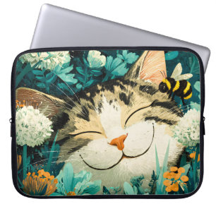 Housse Pour Ordinateur Portable Chat de jardin fleuri à l'aquarelle avec abeille e