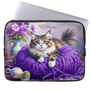 Housse Pour Ordinateur Portable Chat en fil violet personnalisé avec fleurs