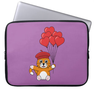 Housse Pour Ordinateur Portable Chat mignon avec Ballons de Coeur Rouge