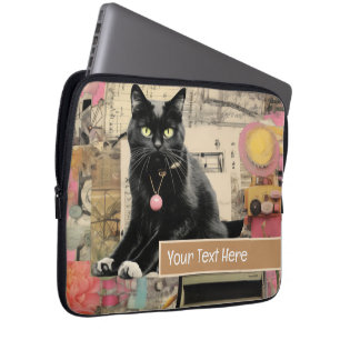 Housse Pour Ordinateur Portable Chat noir avec pattes blanches collage