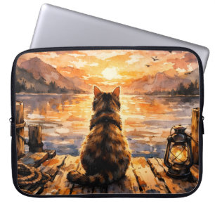 Housse Pour Ordinateur Portable Chat sur le quai au coucher du soleil