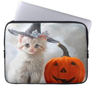Housse Pour Ordinateur Portable Chaton blanc vintage Halloween et citrouille
