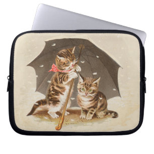 Housse Pour Ordinateur Portable Chatons vintage sous un parapluie, art antique de