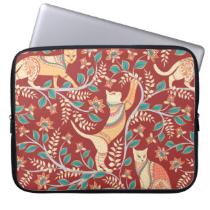 Housse Pour Ordinateur Portable Chats avec ornements, branches avec fleurs et feui