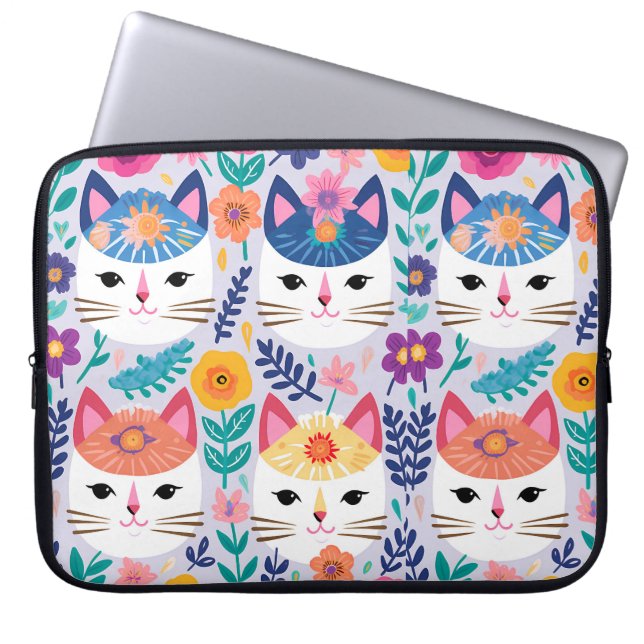 Housse Pour Ordinateur Portable Chats Et Fleurs (Devant)