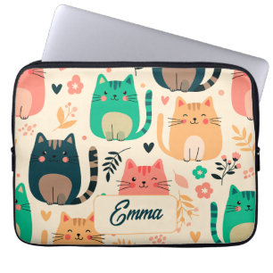 Housse Pour Ordinateur Portable Chats mignons et motif floral personnalisé pour en