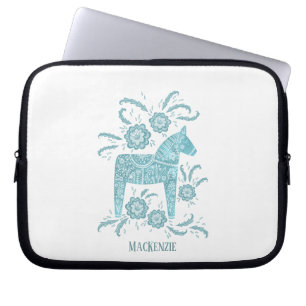 Housse Pour Ordinateur Portable Cheval de Dala suédois Nom personnalisé Turquoise