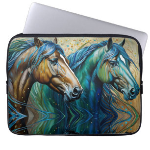 Housse Pour Ordinateur Portable Chevaux Turquoise bleu vert brun