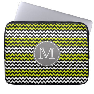 Housse Pour Ordinateur Portable Chevron Zigzag Monogramme Noir Blanc Vert