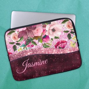 Housse Pour Ordinateur Portable Chic floral Bourgogne rose violet parties scintill