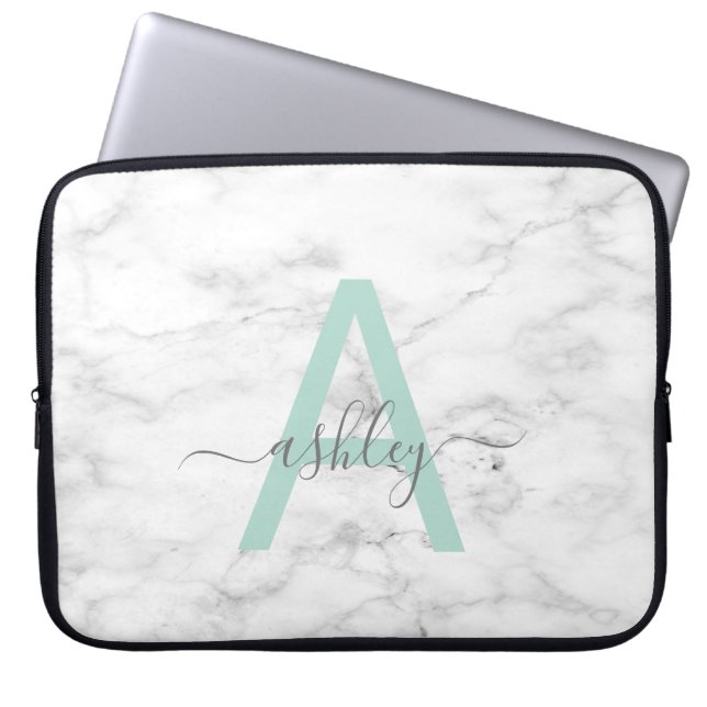 Housse Pour Ordinateur Portable Chic Neo Mint Marbre blanc Nom du script Monogramm (Devant)