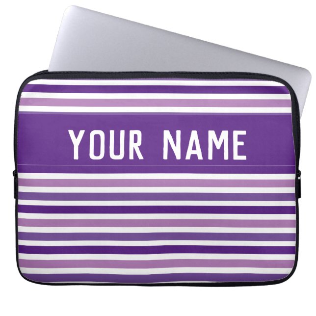 Housse Pour Ordinateur Portable Chic Purple & White Stripes Nom personnalisé (Devant)