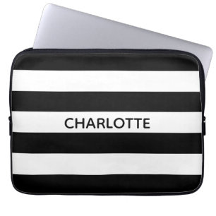 Housse Pour Ordinateur Portable Chic rayures noir et blanc nom personnalisé monogr