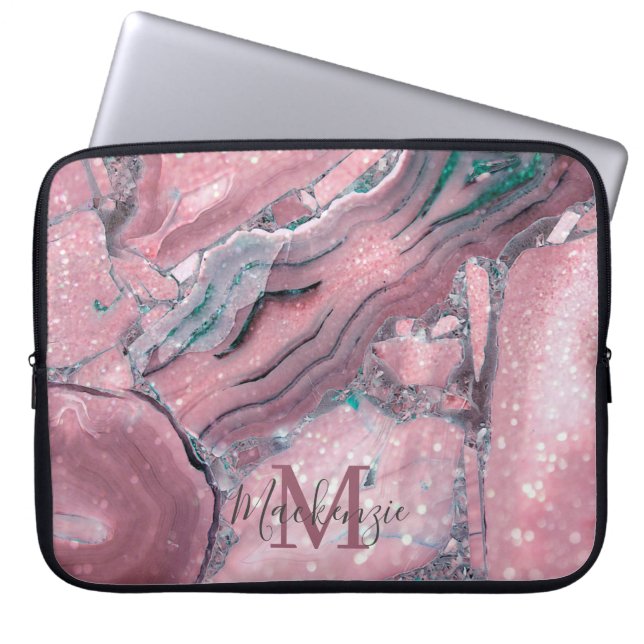 Housse Pour Ordinateur Portable Chic Rose Gold Agate Geode Sparkle Monogramme (Devant)