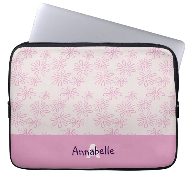 Housse Pour Ordinateur Portable Chic Rose sur Blush Flower Doodle Motif et nom (Devant)