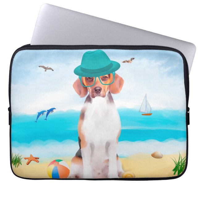 Housse Pour Ordinateur Portable Chien beagle Sur La Plage (Devant)