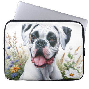Housse Pour Ordinateur Portable Chien Boxer et Fleurs Sauvages