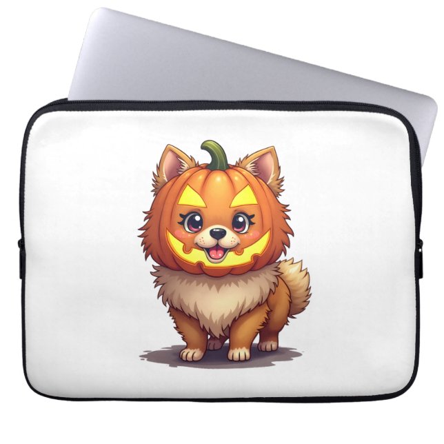 Housse Pour Ordinateur Portable Chien de Poméranie, Masque citrouille (Devant)
