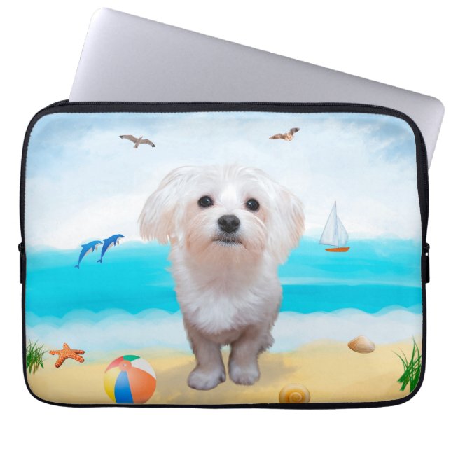 Housse Pour Ordinateur Portable Chien maltais sur la plage (Devant)