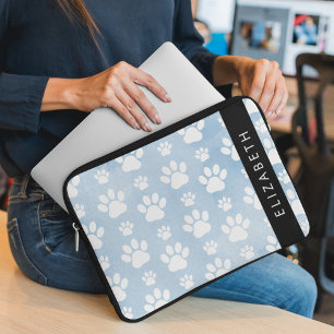 Housse Pour Ordinateur Portable Chien Paws, White Paws, Blue Watercolor, Votre nom