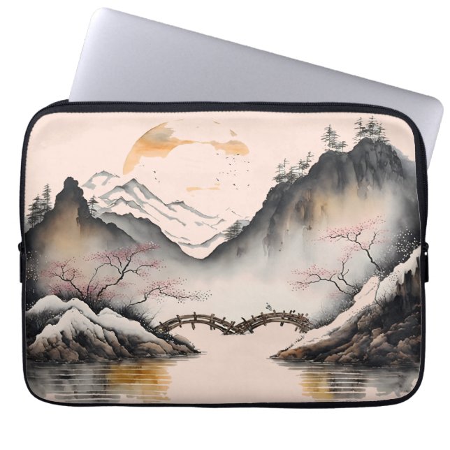 Housse Pour Ordinateur Portable Chinois Aquarelle rivière d'hiver et montagnes (Devant)