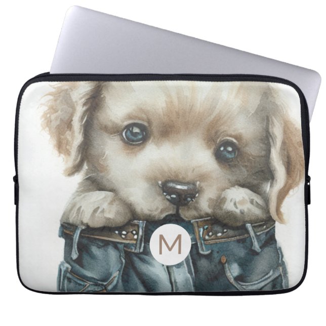 Housse Pour Ordinateur Portable Chiot en Jeans Art Monogram (Devant)