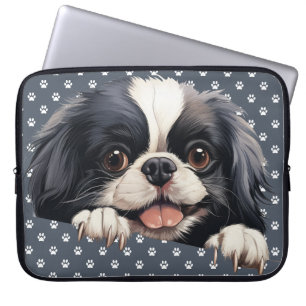 HOUSSE POUR ORDINATEUR PORTABLE CHIOT JAPONAIS CHIN NOIR & BLANC MIGNON