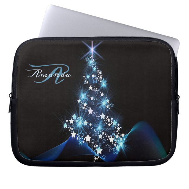 Housse Pour Ordinateur Portable Christmas Party Blue Tree Shiny Black Elegant (Devant)