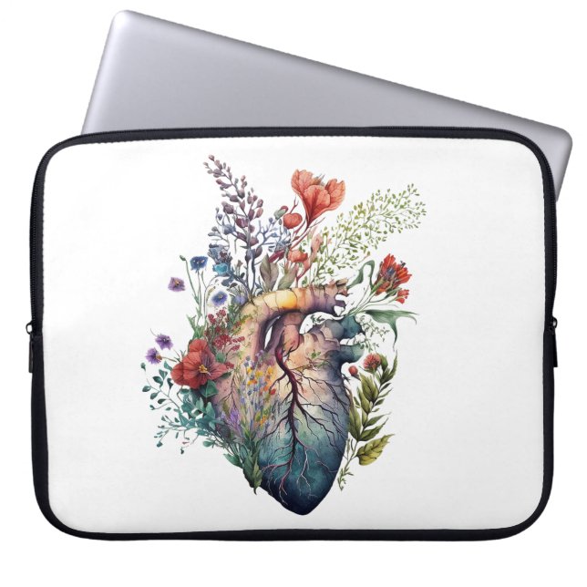 Housse Pour Ordinateur Portable Coeur envahi de fleurs (découpé) - anatomie (Devant)