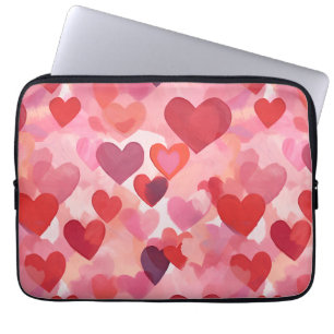 Housse Pour Ordinateur Portable Cœurs aquarelle rose et rouge Coquette romantique