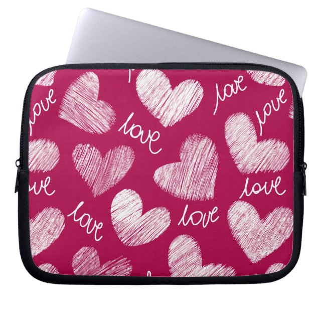Housse Pour Ordinateur Portable Coeurs blancs avec script d'amour rouge mignon (Devant)