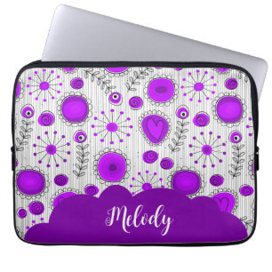 Housse Pour Ordinateur Portable Coeurs blancs violet blanc Whimsical fleurs nom fl