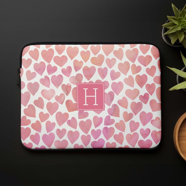 Housse Pour Ordinateur Portable Coeurs d'aquarelle rose Monogramme (Créateur téléchargé)