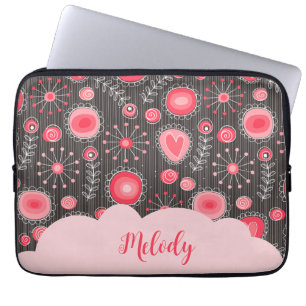 Housse Pour Ordinateur Portable Coeurs gris-blanc et fleurs nom floral